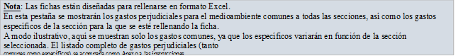 Nota: Las fichas estn diseadas para rellenarse en formato Excel.
En esta pestaa se mostrarn los gastos perjudiciales para el medioambiente comunes a todas las secciones, as como los gastos especficos de la seccin para la que se est rellenando la ficha.
A modo ilustrativo, aqu se muestran solo los gastos comunes, ya que los especficos variarn en funcin de la seccin seleccionada. El listado completo de gastos perjudiciales (tanto
comunes como especficos) se acompaa como Anexo a las instrucciones.

