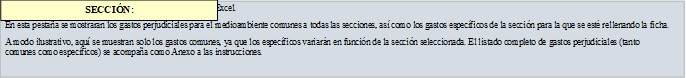 Nota: Las fichas están diseñadas para rellenarse en formato Excel.

En esta pestaña se mostrarán los gastos perjudiciales para el medioambiente comunes a todas las secciones, así como los gastos específicos de la sección para la que se esté rellenando la ficha.

A modo ilustrativo, aquí se muestran solo los gastos comunes, ya que los específicos variarán en función de la sección seleccionada. El listado completo de gastos perjudiciales (tanto
comunes como específicos) se acompaña como Anexo a las instrucciones.
,SECCIÓN: