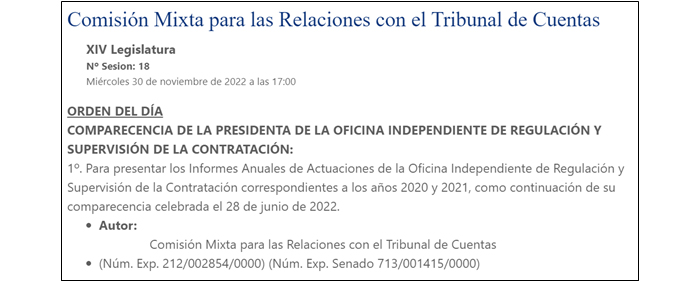 Imagen detalle del orden del día de la comparecencia en el Congreso de los Diputados 30-11-2022